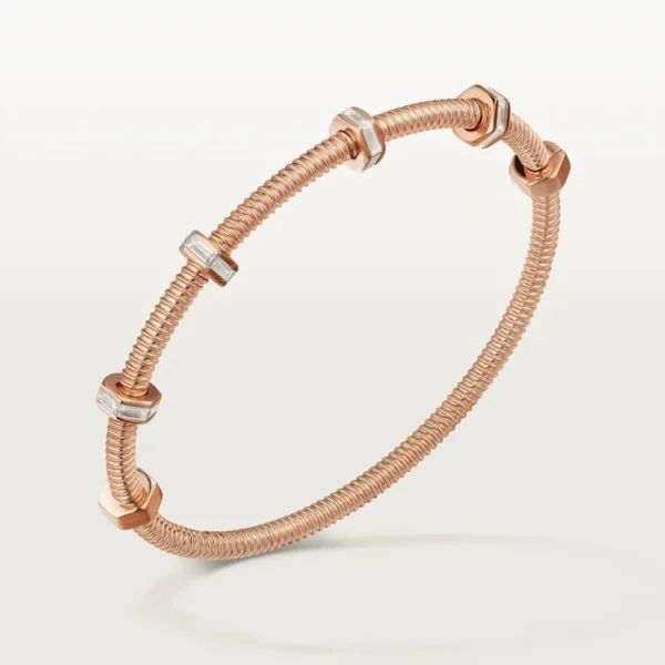 Pink Gold Coil Bangle Bracelet with Gem-Encrusted Hex Nut Accents – Industrial-Inspired Minimalist Jewelry for Men and Women
