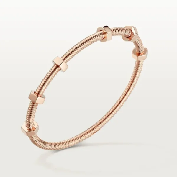 Pink Gold Coil Bangle Bracelet with Hex Nut Accents – Industrial-Inspired Minimalist Jewelry for Men and Women