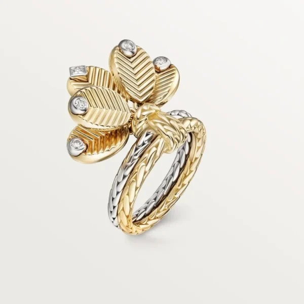 Gold Harmony Of Nature And Shine – Twisted Band Ring With Layered Leaf Motifs
