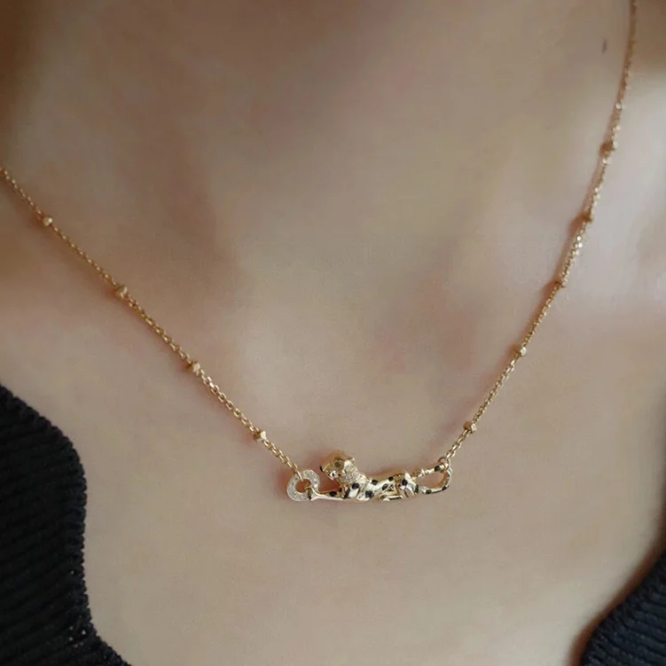 Click to view full screen Golden Huntress – Fierce Leopard Necklace with Enamel Spots and Dazzling Accents photo review