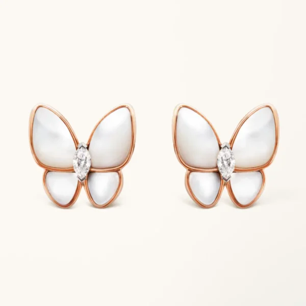 Butterfly Earrings Mother of Pearl Diamond Pink Gold High Quality