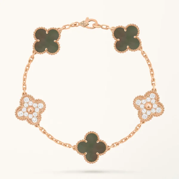 Clover Bracelet 5 MOP Motifs with Diamonds Gold Plated Luxury Jewelry