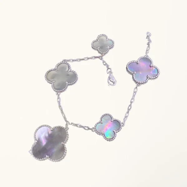 Silver Clover Bracelet for Women Dark Mother of Pearl 5 Motif Dangle Gift Jewelry