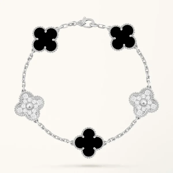 Silver Clover Bracelet for Women Onyx and Cubic Zirconia 5 Motif Gift Jewelry
