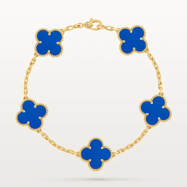 Clover Bracelet Yellow Gold Plated 5 Blue Agate Motifs High Quality