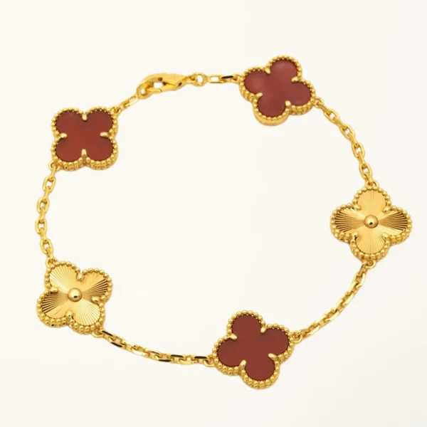 Clover Bracelet Yellow Gold Plated 5 Motifs Mix Carnelian & Guilloché High Quality