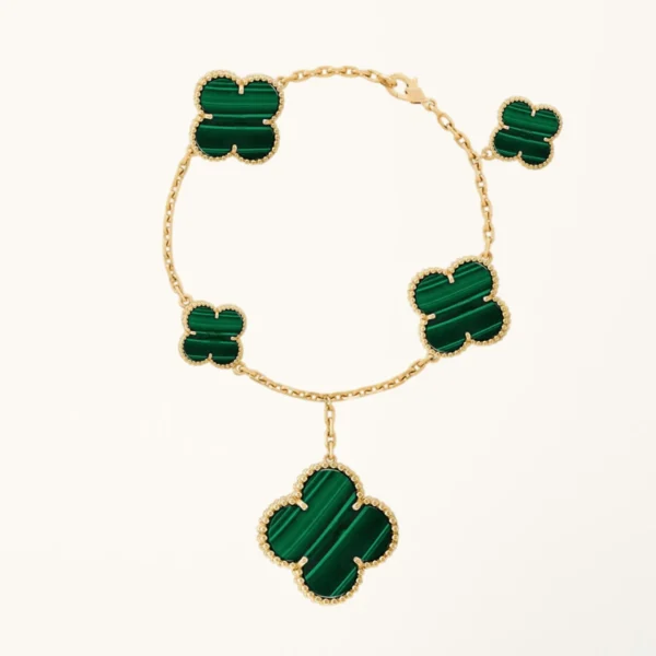 Magic Clover Bracelet Malachite Yellow Gold 5 Motifs Clover Design Luxury Jewelry