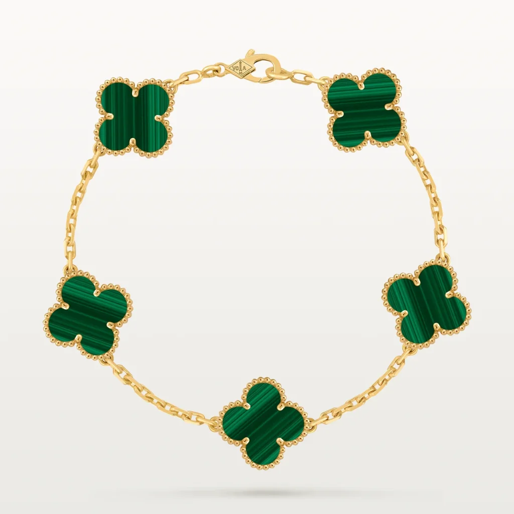 Clover Bracelet Yellow Gold Plated 5 Malachite Motifs High Quality Thumb
