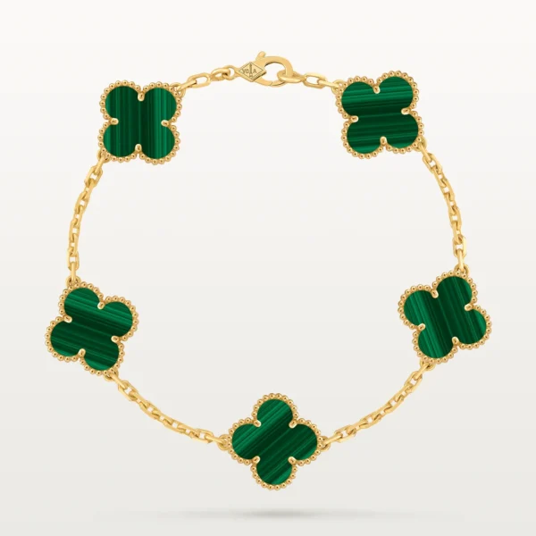 Clover Bracelet Yellow Gold Plated 5 Malachite Motifs High Quality
