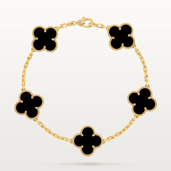 Clover Bracelet Yellow Gold Plated 5 Onyx Motifs High Quality