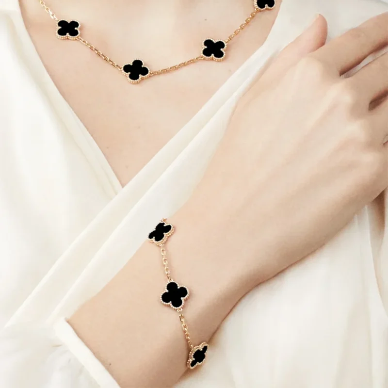 Clover Bracelet Yellow Gold Plated 5 Onyx Motifs High Quality g3