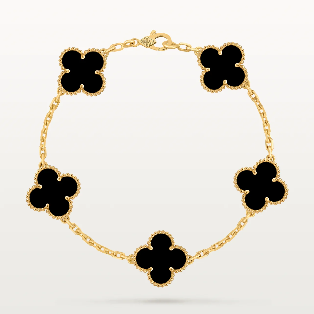 Clover Bracelet Yellow Gold Plated 5 Onyx Motifs High Quality Clover Bracelet Yellow Gold Plated 5 Onyx Motifs High Quality