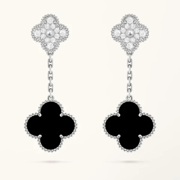 Clover Earrings Diamond Onyx Drop Silver Luxury Design High Quality