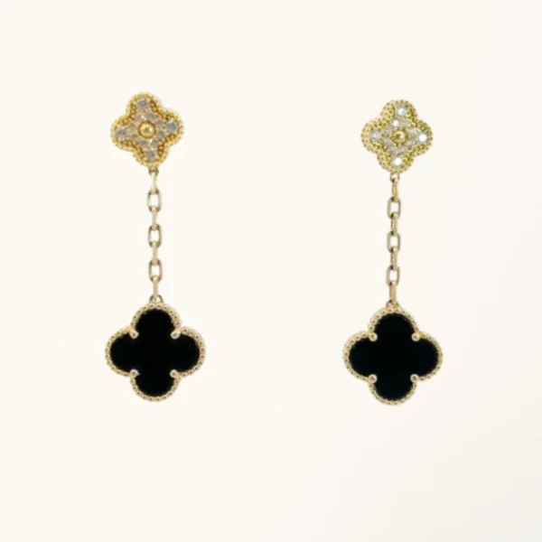 Clover Earrings Gold Diamond 2 Motifs Drop Elegant High Quality