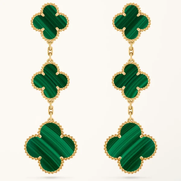 Clover Earrings Gold Malachite 3 Motifs Drop Design High Quality