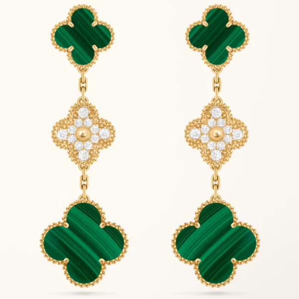 Clover Earrings Gold Malachite Diamond 3 Motifs Drop High Quality