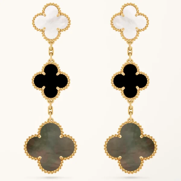 Clover Earrings Gold Onyx MOP 3 Motifs Drop Elegant High Quality