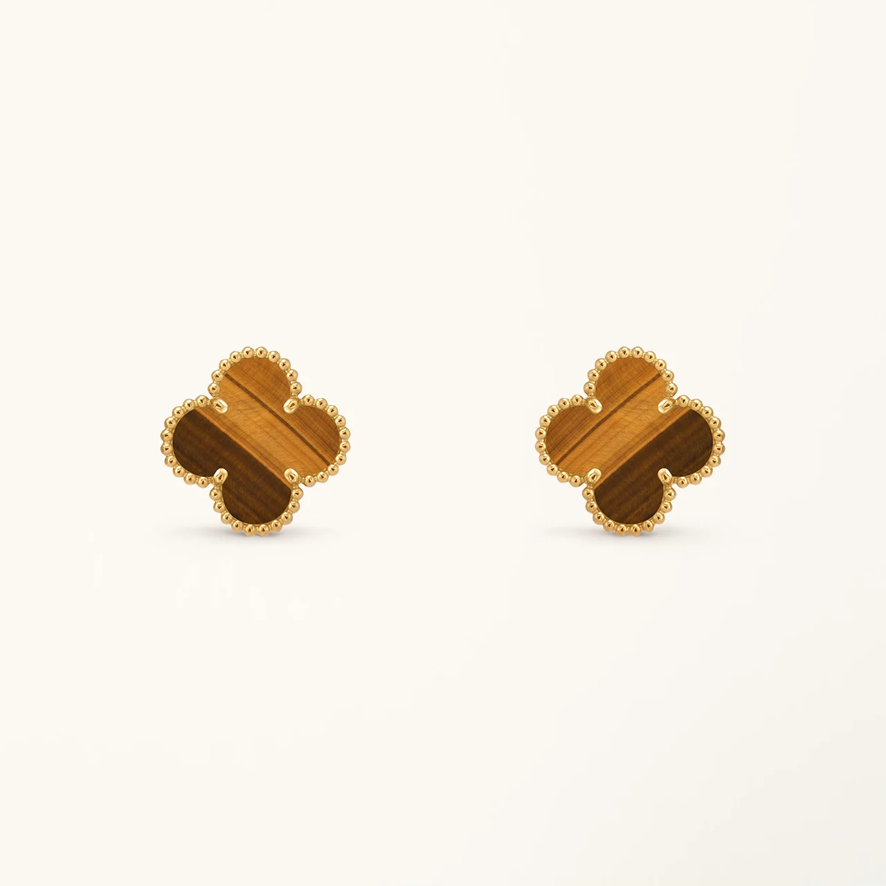 Clover Earrings Medium Yellow Gold Plated Tiger Eye Motif High Quality - 1 Clover Earrings Medium Yellow Gold Plated Tiger Eye Motif High Quality 1