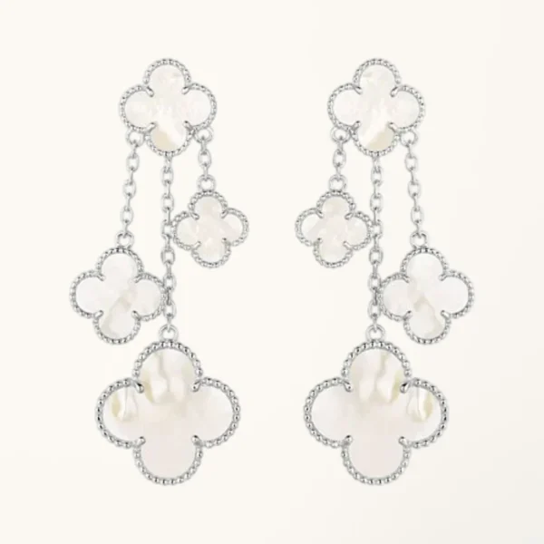 Clover Earrings White Mother of Pearl 4 Motifs Silver Drop Design High Quality