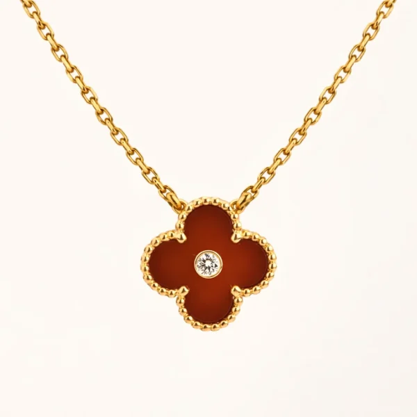 Clover Necklace Gold Carnelian Diamond Pendant High Quality