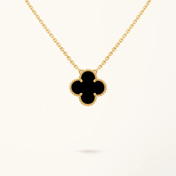 Clover Necklace Yellow Gold Plated Onyx With Diamond Clover Motif High Quality