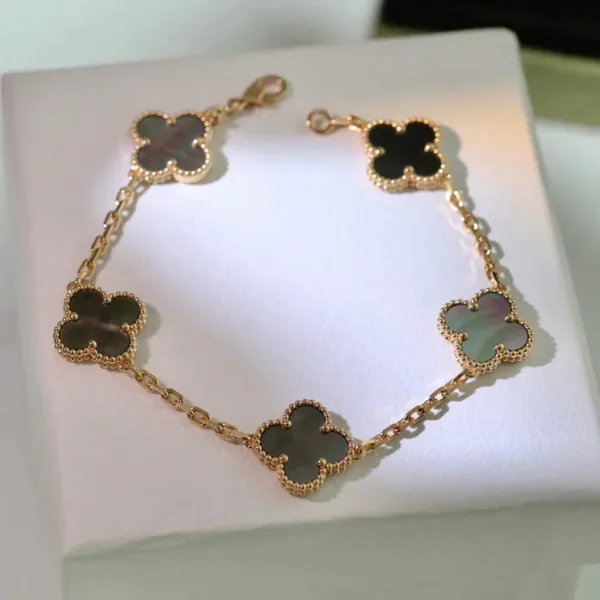 Clover Bracelet Rose Gold Plated 5 Black MOP Motifs High Quality